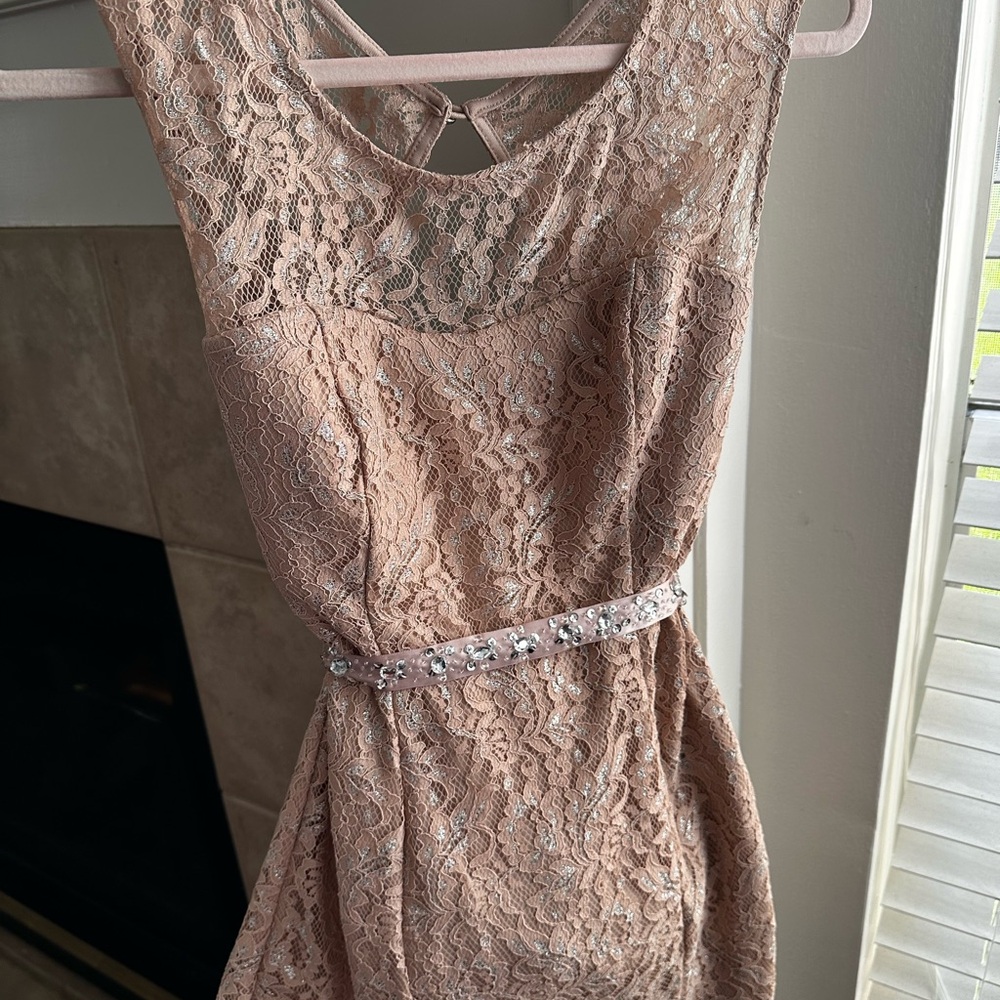 Sequin Hearts Lace Backless Dress in Tan